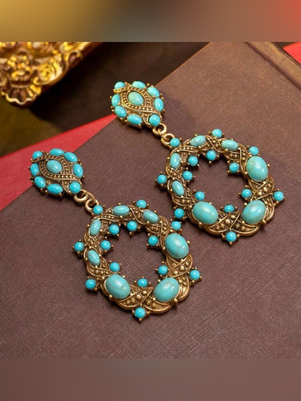 Faux Turquoise Stone Filigree Drop Earrings - Blue